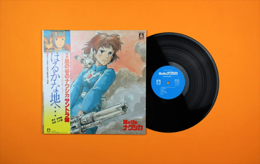 A vinyl record and its illustrated sleeve for Hayao Miyazaki's Studio Ghibli's 'Sora ni Naka de. Nausicaa of the valley of the wind (Soundtrack Album) vinyl record