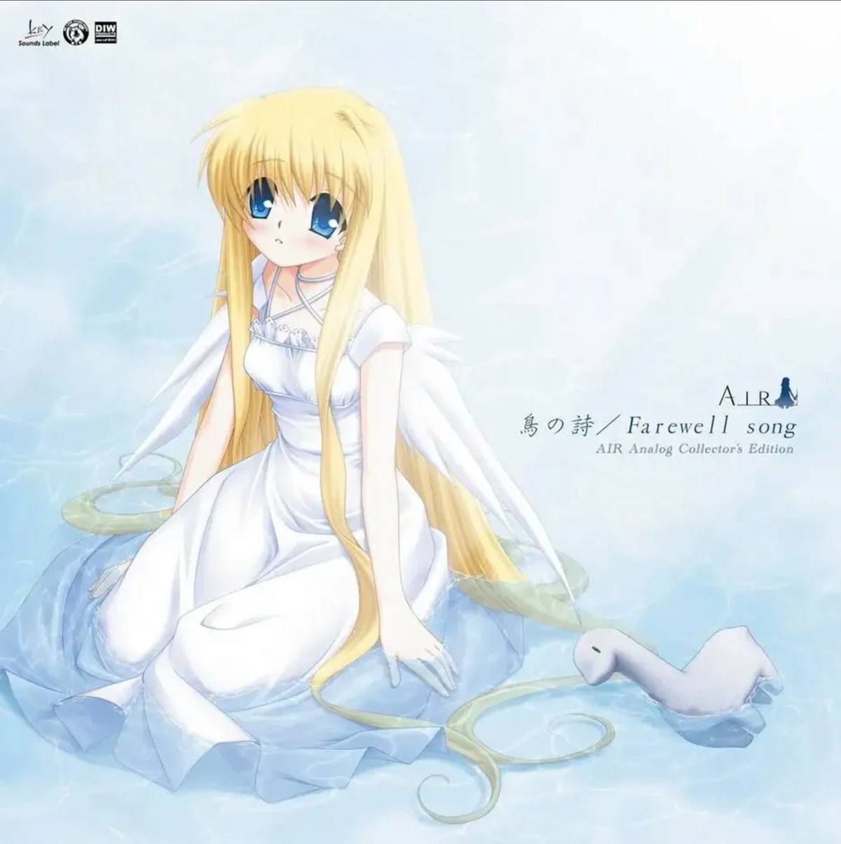 A blonde girl in a white dress with angel wings drawn in an anime style is sitting on her knees in ankle deep water, a white plush of a dinosaur sits in the water next to her.
