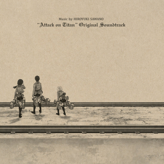 Vinyl cover art featuring three characters from the anime Attack on Titan, with the text "music by Hiroyuki Sawano" and "Attack on Titan Original Soundtrack" all in sepia tone with black and gray linework.