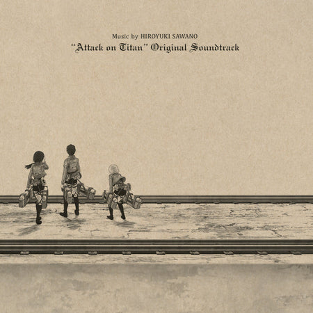 Vinyl cover art featuring three characters from the anime Attack on Titan, with the text "music by Hiroyuki Sawano" and "Attack on Titan Original Soundtrack" all in sepia tone with black and gray linework.