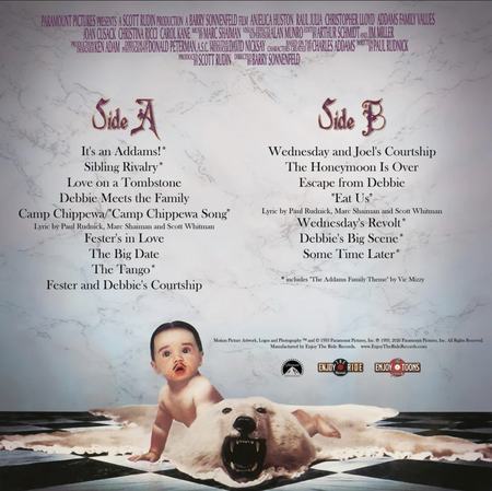 Back cover for the Addams Family Values movie soundtrack on vinyl. The tracklist and credits are set against a white marble wall, and on the black and white checkerboard marble flooring is a polar bear skin rug with a baby on it.