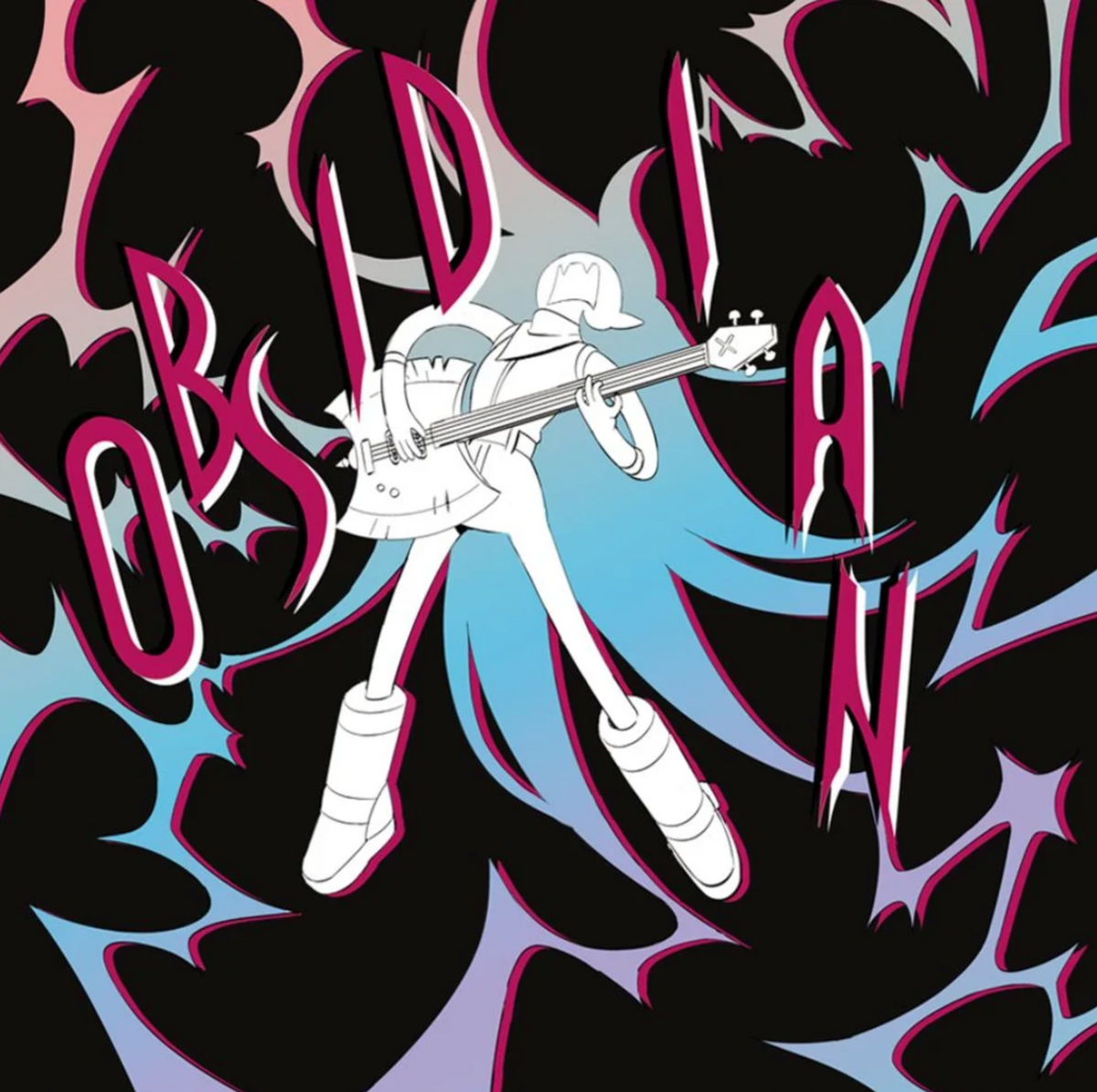 A stylized graphic illustration of a white line-drawn figure playing an electric guitar, set against a black background with abstract pink, blue, and purple shapes and large stylized text reading "OBSIDIAN"