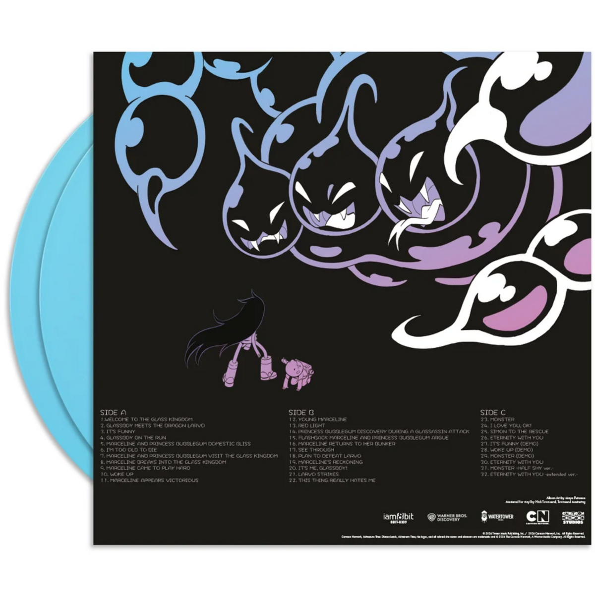 A light blue vinyl record partially pulled from its illustrated album sleeve. The sleeve is black with stylized cartoon ghost-like characters in blue, purple, white, and pink, plus track listing text at the bottom.