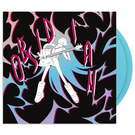 Obsidian vinyl record album cover featuring an all white character playing a guitar against a black, pink, and blue abstract background, with a light blue vinyl record partially visible behind the cover.