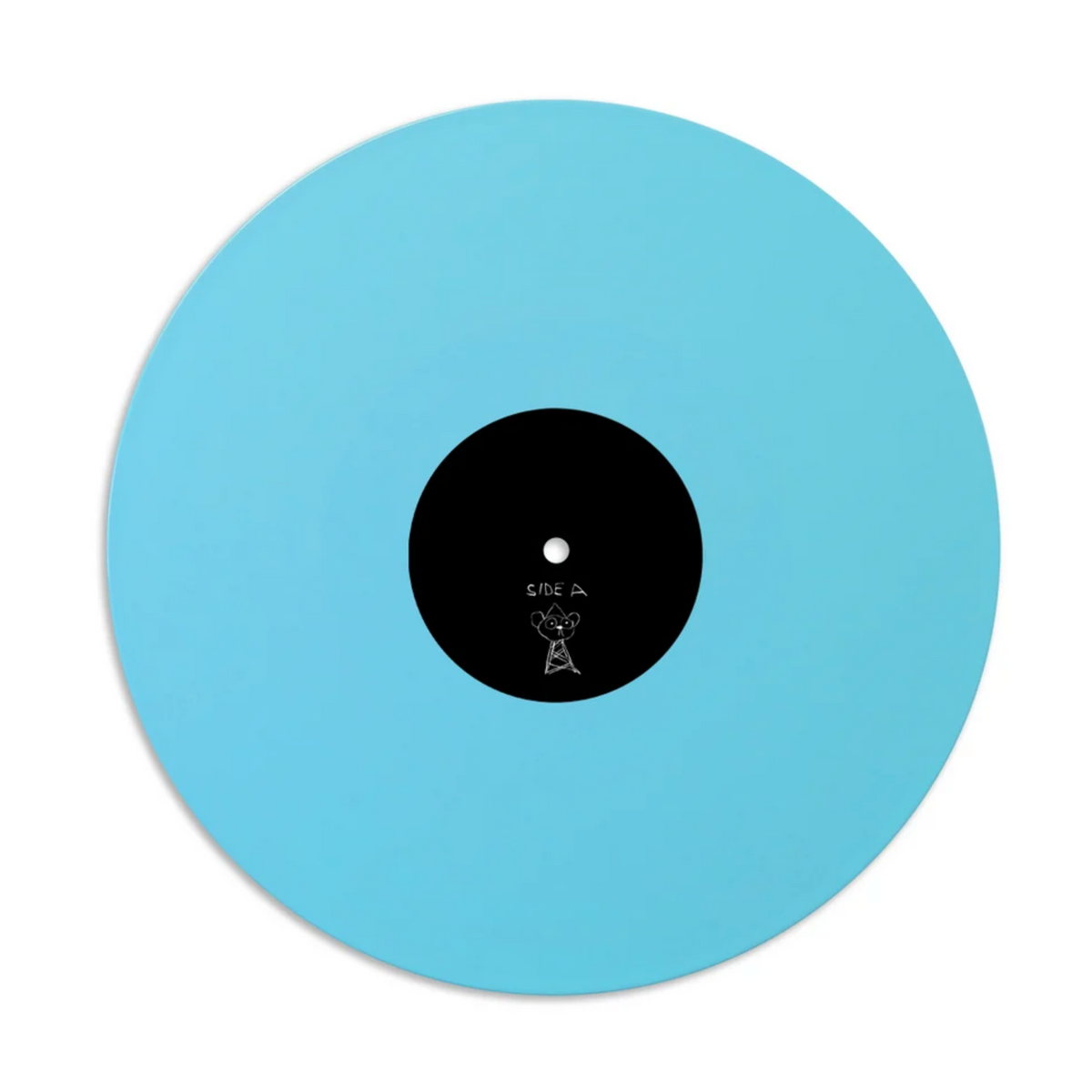 A light blue vinyl record with a black center label, shown against a plain white background.