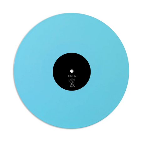 A light blue vinyl record with a black center label, shown against a plain white background.