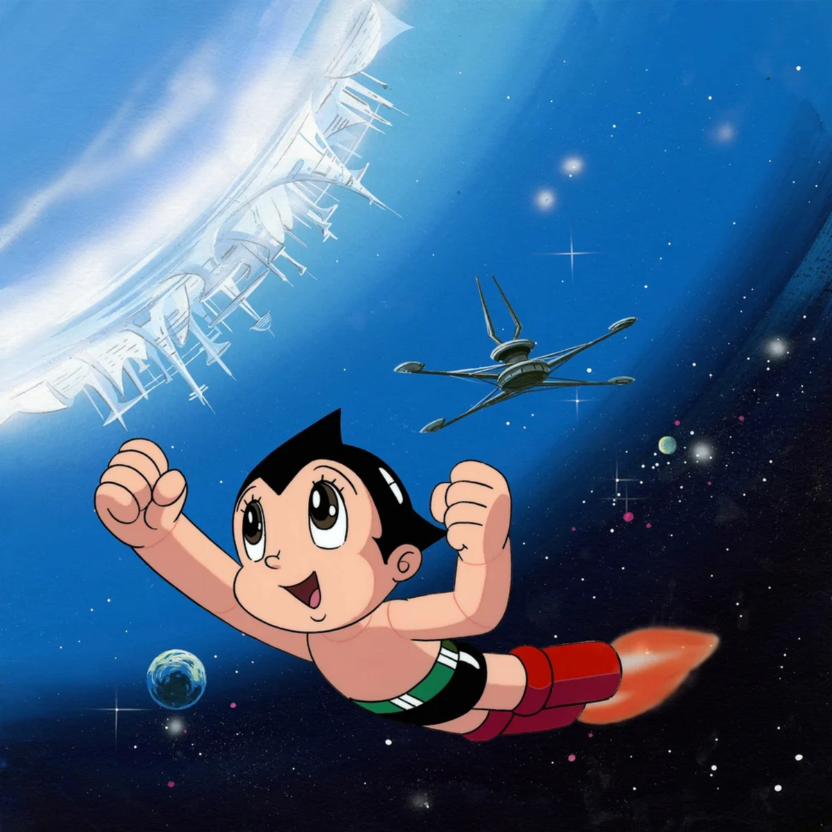 Astro Boy is soaring through space with his rocket boots, passing by a painterly space background with little distant planets, stars, a space station, Earth, and a large all white futuristic city on the surface of a planet.