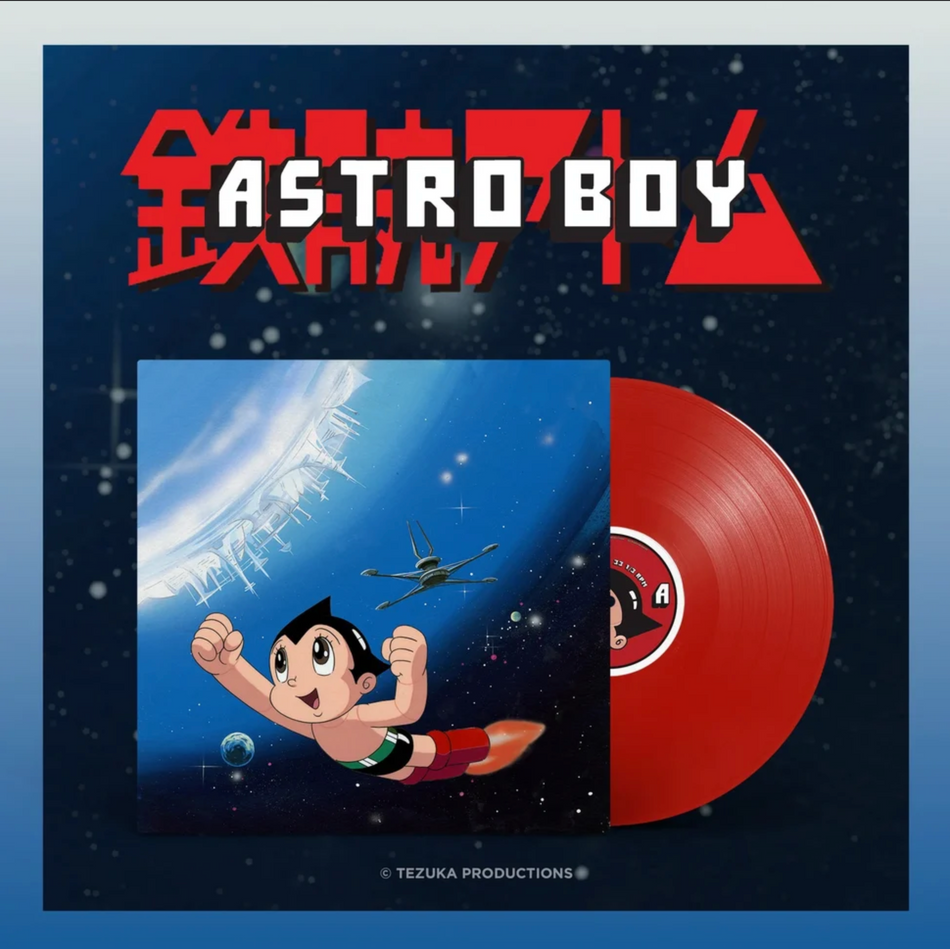 Astro Boy vinyl record album cover with a red vinyl LP partially visible behind the illustrated sleeve, set against a dark starry background with large red and white "ASTRO BOY" text at the top.