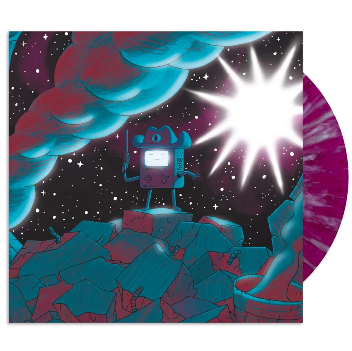 A red, blue, and purple colored line art drawing of BMO from Adventure Time with a handgun and a cowboy hat, standing on a pile of rubble with smoke plumes. In the background which is a star filled space sky, there is a large flash of light. The purple with blue splatter record is sticking out of the side.