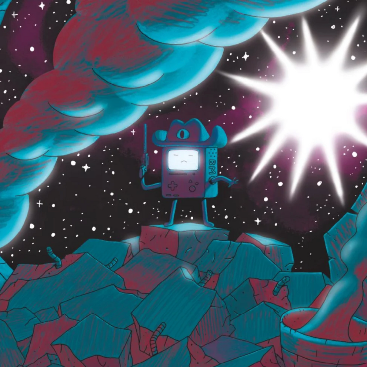 A red, blue, and purple colored line art drawing of BMO from Adventure Time with a handgun and a cowboy hat, standing on a pile of rubble with smoke plumes. In the background which is a star filled space sky, there is a large flash of light.