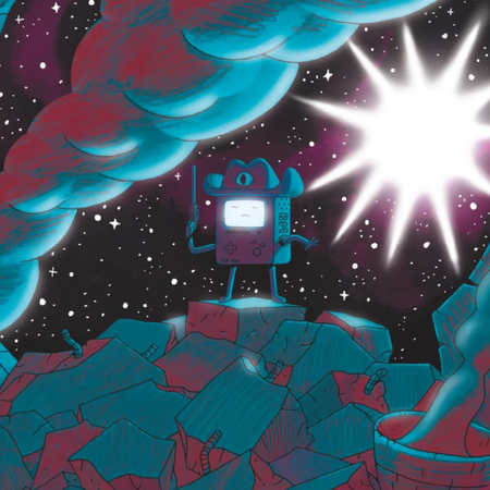 A red, blue, and purple colored line art drawing of BMO from Adventure Time with a handgun and a cowboy hat, standing on a pile of rubble with smoke plumes. In the background which is a star filled space sky, there is a large flash of light.