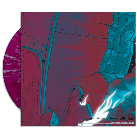 A red, blue, and purple colored line art drawing of a metal wall that has been blasted open with an explosion and has a plume of smoke coming out of it. The purple with blue splatter record is sticking out the opposite side of the artwork to show this is the backside of the record jacket. In the bottom right corner there are black logos from the brands involved in the record.