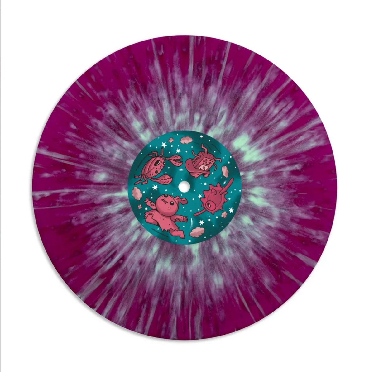 The BMO's Mixtape record full shot, which is a purple base with a light blue heavy splatter. The center label has 4 characters in tones of pink with a teal green background.