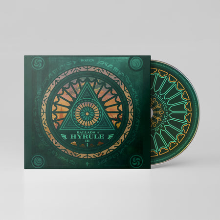 Ballads of Hyrule III CD art featuring green and orange artwork reminiscent of a stained glass window with a triforce. The CD is sticking out and features the same stained glass looking art.