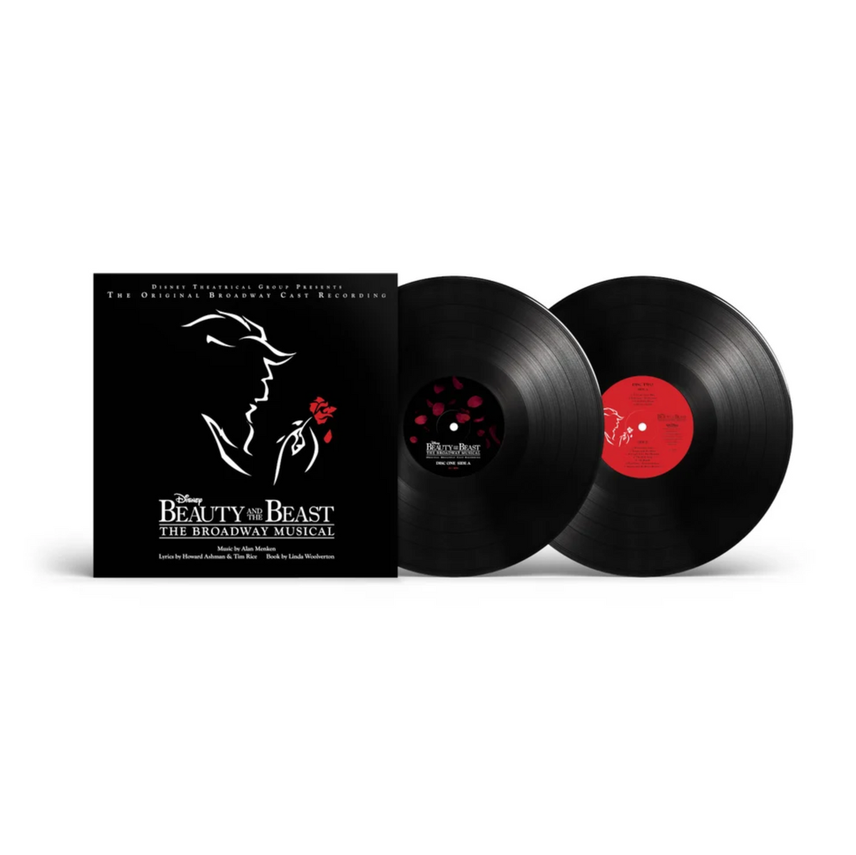 Disney Beauty and the Beast: The Musical vinyl record set with a black square album cover, two black vinyl records—one with a black center label and the other a red center label. Everything is on a white background.