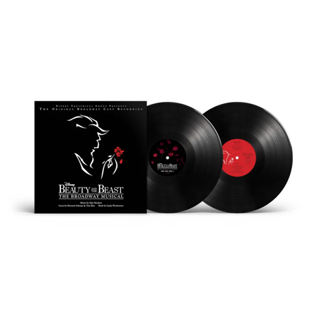 Disney Beauty and the Beast: The Musical vinyl record set with a black square album cover, two black vinyl records—one with a black center label and the other a red center label. Everything is on a white background.