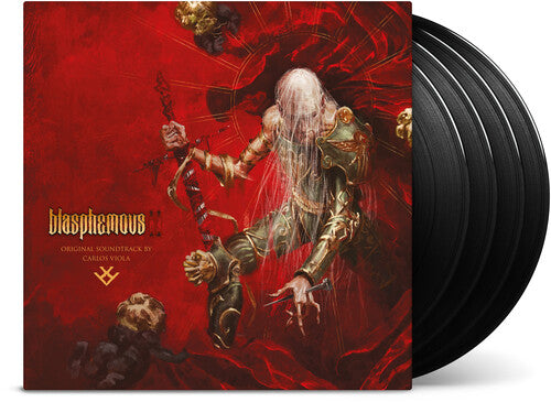 Blasphemous vinyl record album cover with black records partially visible behind it. The square album art features a red abstract background with a pale figure in ornate gold armor holding a weapon, and the text "Blasphemous II" is prominent in the bottom left middle. 
