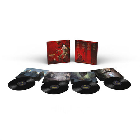 The Blasphemous II 4LP set is spread out on a white background, showing the front and back of the box and all the fronts of the inner sleeves and discs/ The box art is red with a pale figure on the front and the inners are all dark dreary illustrative settings. The discs are black.