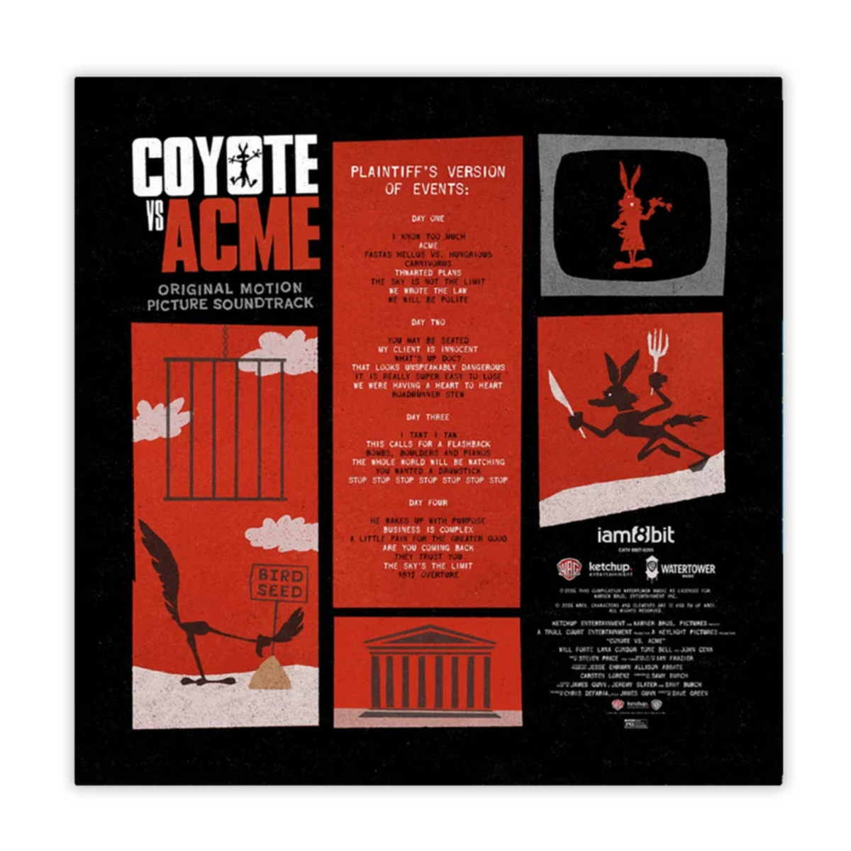 Vinyl jacket back for the Coyote vs. Acme Original Motion Picture Soundtrack, featuring a black background with red panels, white title text, and illustrated Coyote and Roadrunner. The tracklist is in the center panel.