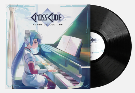 Illustrative anime style cover art of a character playing piano. The top has the Crosscode logo and says "Piano collections". The black vinyl is peeking out the record jacket.