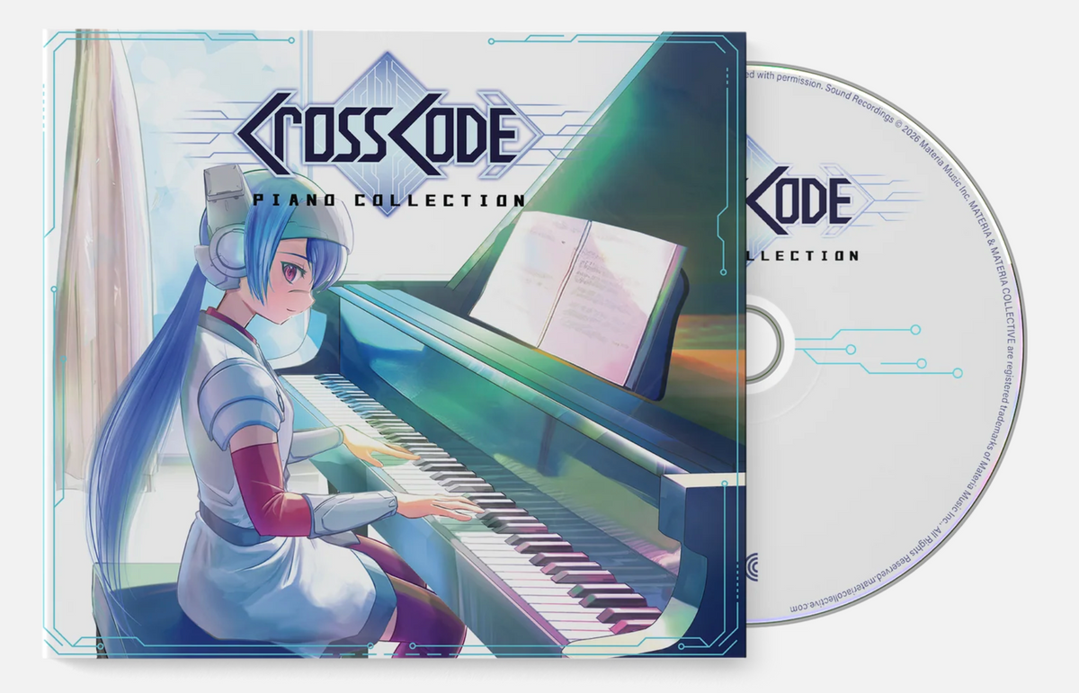 Illustrative anime style cover art of a character playing piano. The top has the Crosscode logo and says "Piano collections". The compact disc is sticking out the side of the case and also partially features the Crosscode logo.