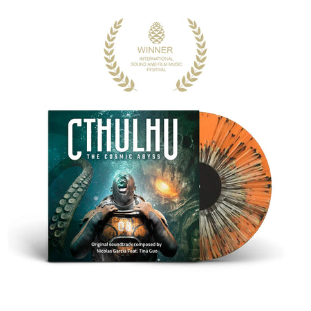 Vinyl record with 'Cthulhu: The Cosmic Abyss' cover and award on a white background