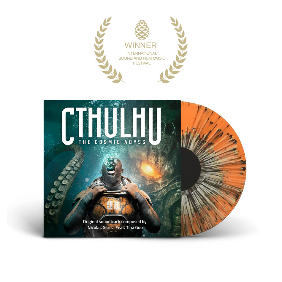 Vinyl record with 'Cthulhu: The Cosmic Abyss' cover and award on a white background