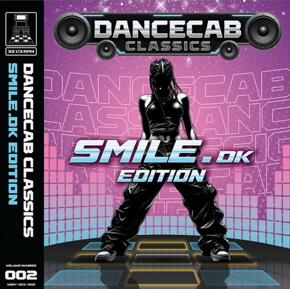 DanceCab Classics Smile.DK edition vinyl front cover, featuring an illustrated person in black and white standing on a stylized arcade dance pad with a ink and blue background.