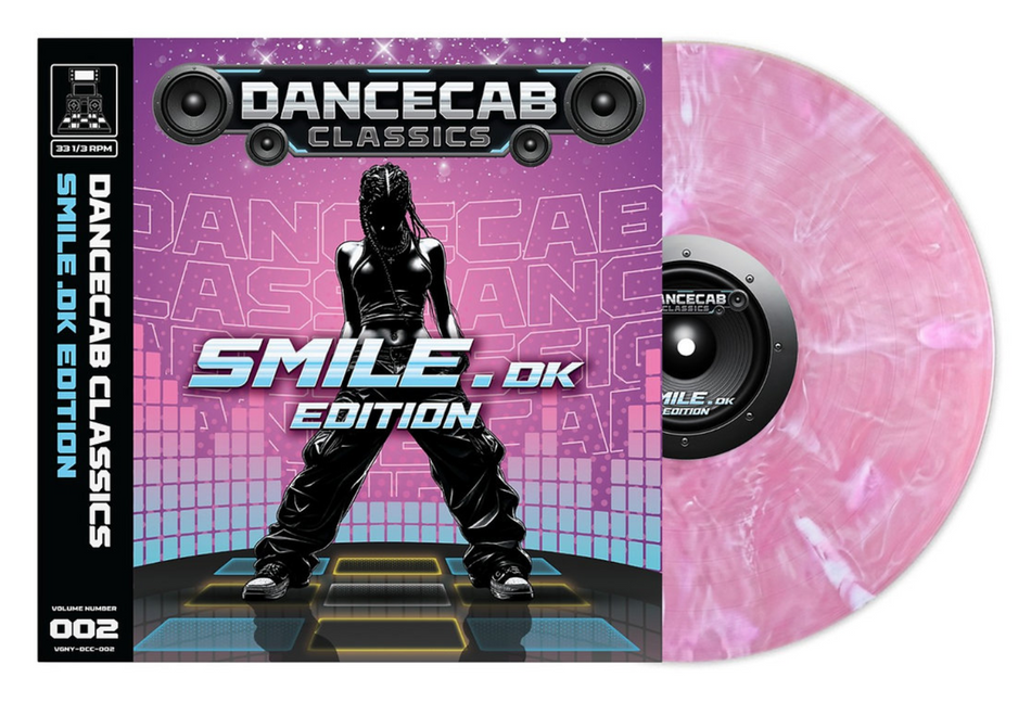 DanceCab Classics Smile.DK edition vinyl front cover, featuring an illustrated person in black and white standing on a stylized arcade dance pad with a ink and blue background. The vinyl record is sticking out of the packaging to showcase the bubblegum pink variant and the center label that looks like a subwoofer.