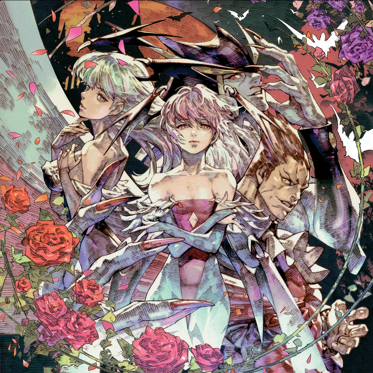 Anime-style illustration featuring four characters surrounded by roses and swirlingdramatic elements, rendered in a highly detailed, colorful fantasy art style.