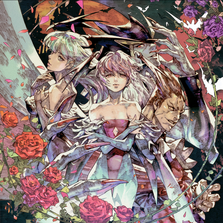Anime-style illustration featuring four characters surrounded by roses and swirlingdramatic elements, rendered in a highly detailed, colorful fantasy art style.