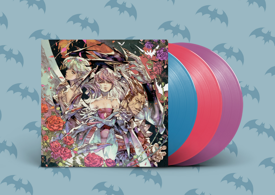 A vinyl record album with a highly detailed, colorful illustrated cover and three vinyl records partially pulled out. The records are one blue, one pink, and one purple set against a light blue background with a repeating bat pattern.