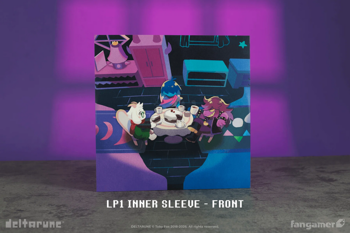 The front of the Deltarune ch 4 inner sleeve 1 featuring the main characters sharing cake and coffee at a small round table.