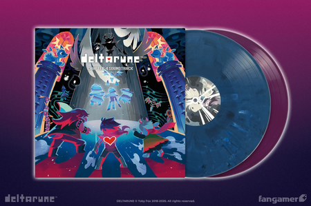 The front of the Deltarune chapter 4 jacket featuring the logo and various characters in a combat pose. The discs are sticking out of the jacket, one is dark blue and the other is purple.