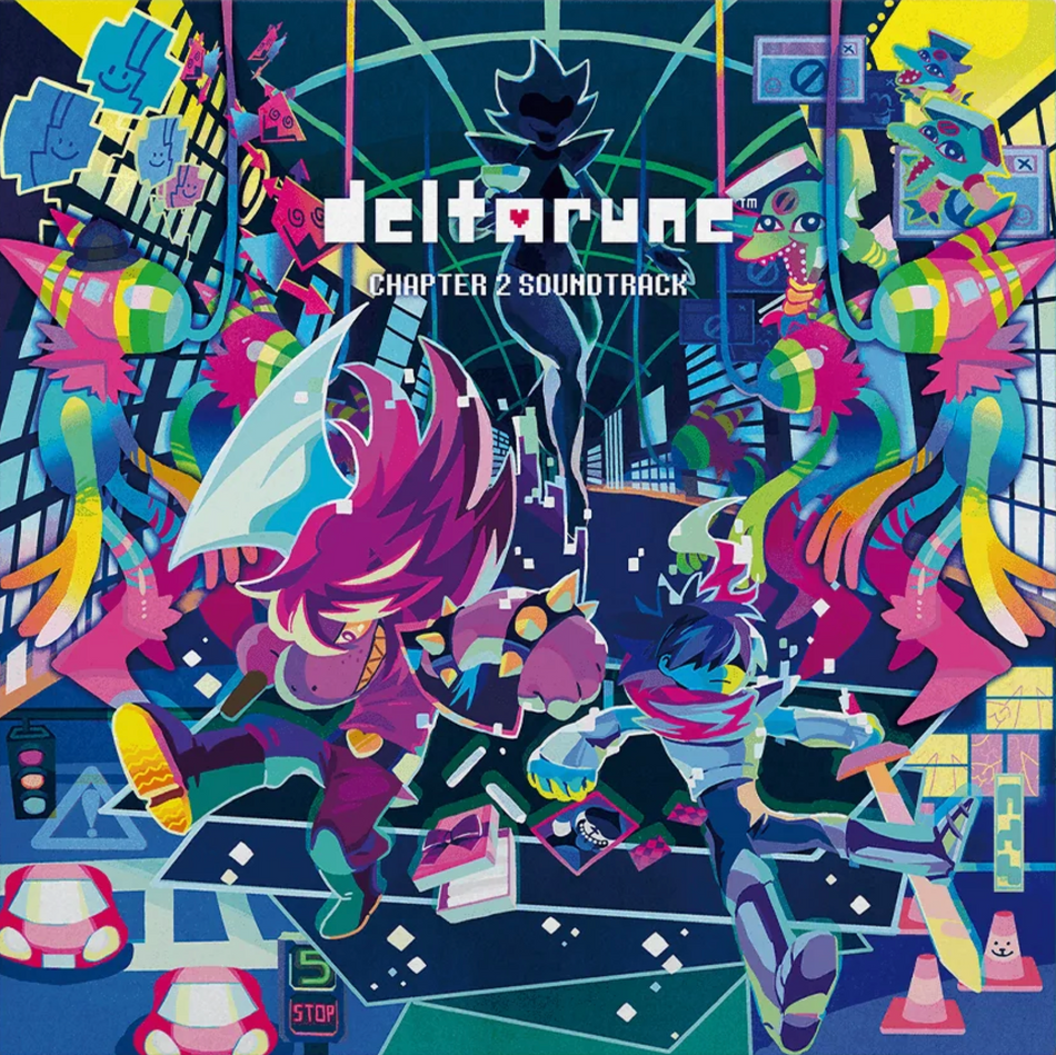 Front album art for Deltarune Chapter 2 vinyl. Features Kris, Susie, the Queen, and various characters in a bright cityscape