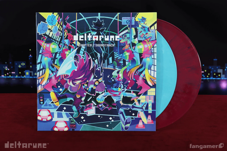 Deltarune Chapter 2 vinyl front cover with the two discs poking out of the bright illustrative jacket, one is an icy blue and the other a maroon red.