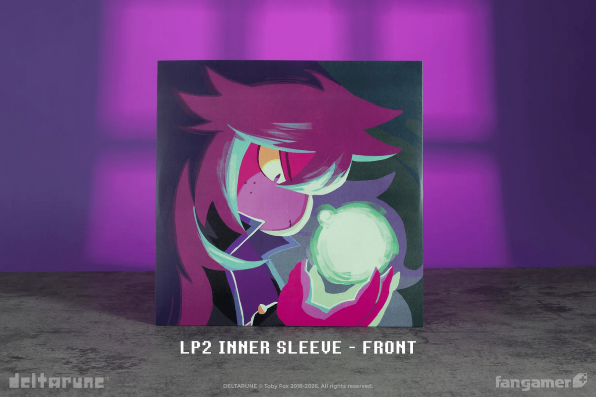 Deltarune ch 4 inner sleeve 2's front featuring a purple dinosaur character Susie holding a glowing orb of light.