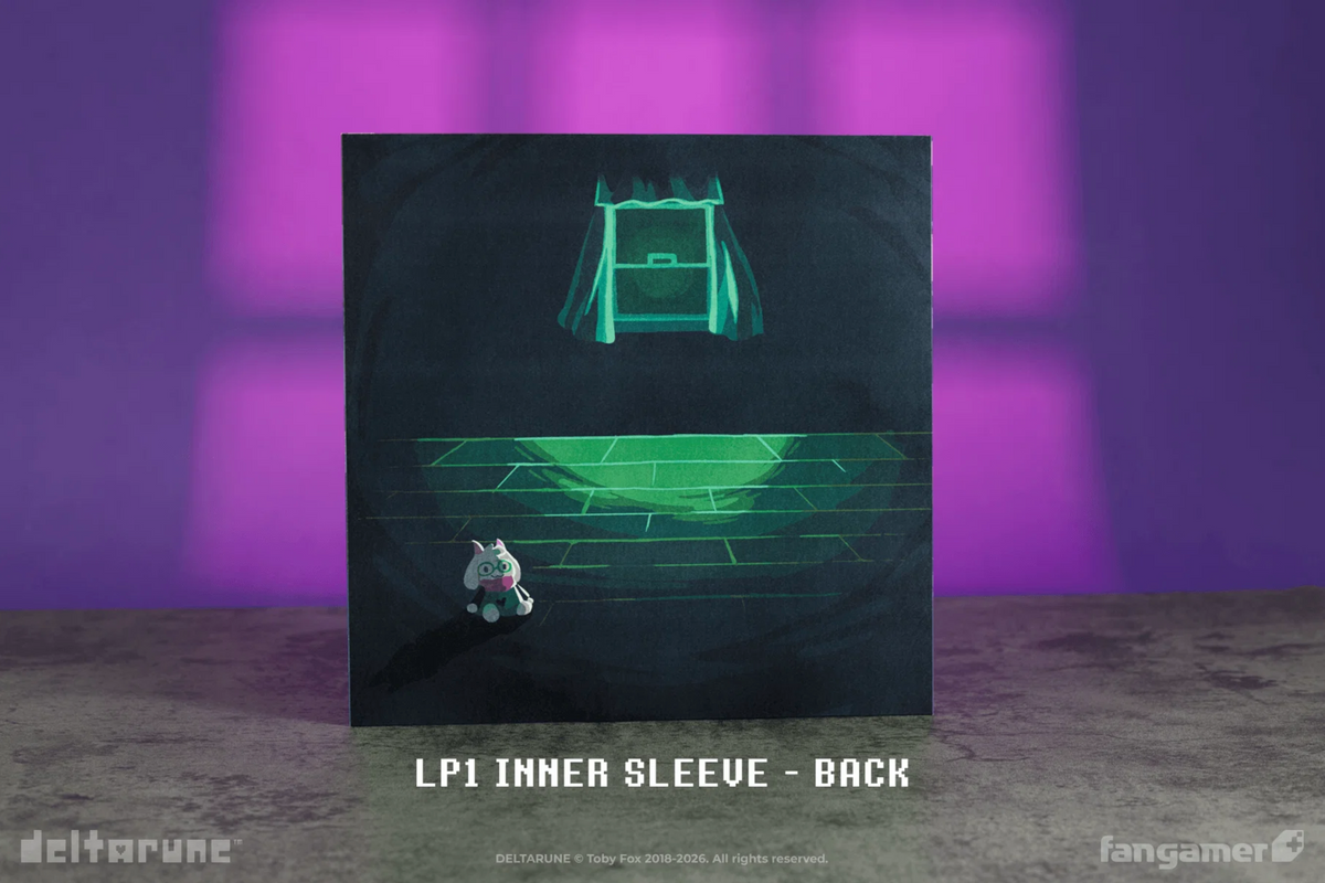 Deltarune ch 4 inner sleeve 1's back featuring a black and green tinted empty room with green flooring and an open window. A white goat plush sits solely on the floor in the foreground.