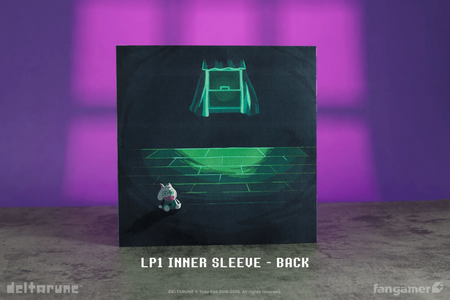Deltarune ch 4 inner sleeve 1's back featuring a black and green tinted empty room with green flooring and an open window. A white goat plush sits solely on the floor in the foreground.