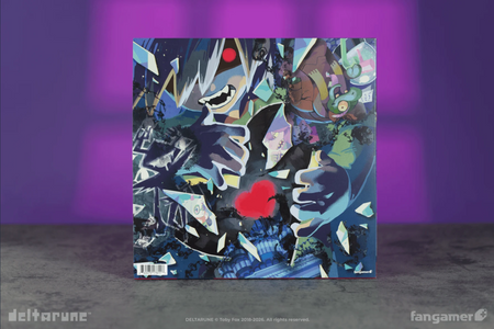The Deltarune ch 4 jacket back with a full spread illustration of the main character holding a shattering mirror that reflects different characters in all the different shards. The jacket is sitting on a gray surface with a purple backdrop.