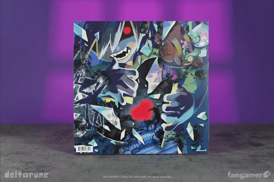The Deltarune ch 4 jacket back with a full spread illustration of the main character holding a shattering mirror that reflects different characters in all the different shards. The jacket is sitting on a gray surface with a purple backdrop.