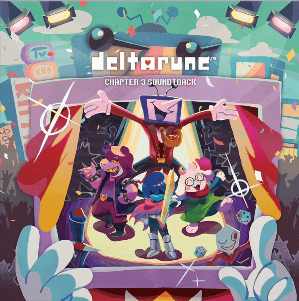 The front cover for Deltarune chapter 3's vinyl. It features Kris, Susie, Ralsei, and Tenna inside a TV with a crowd and TV set behind them.