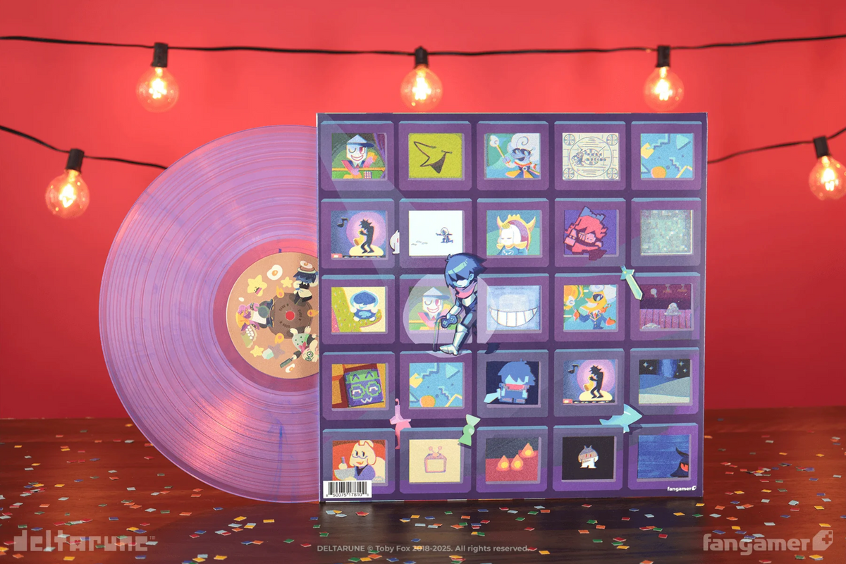 The back of the Deltarune chapter 3 vinyl jacket featuring various characters and scenes from the game on a grid of televisions. The purple disc is poking out the side.