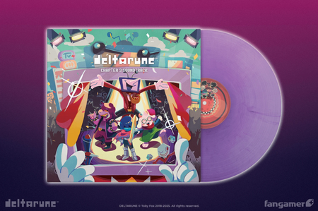 The front cover for Deltarune chapter 3's vinyl. It features Kris, Susie, Ralsei, and Tenna inside a TV with a crowd and TV set behind them. The purple disc is poking out the jacket that has a bunch of characters on the center label.