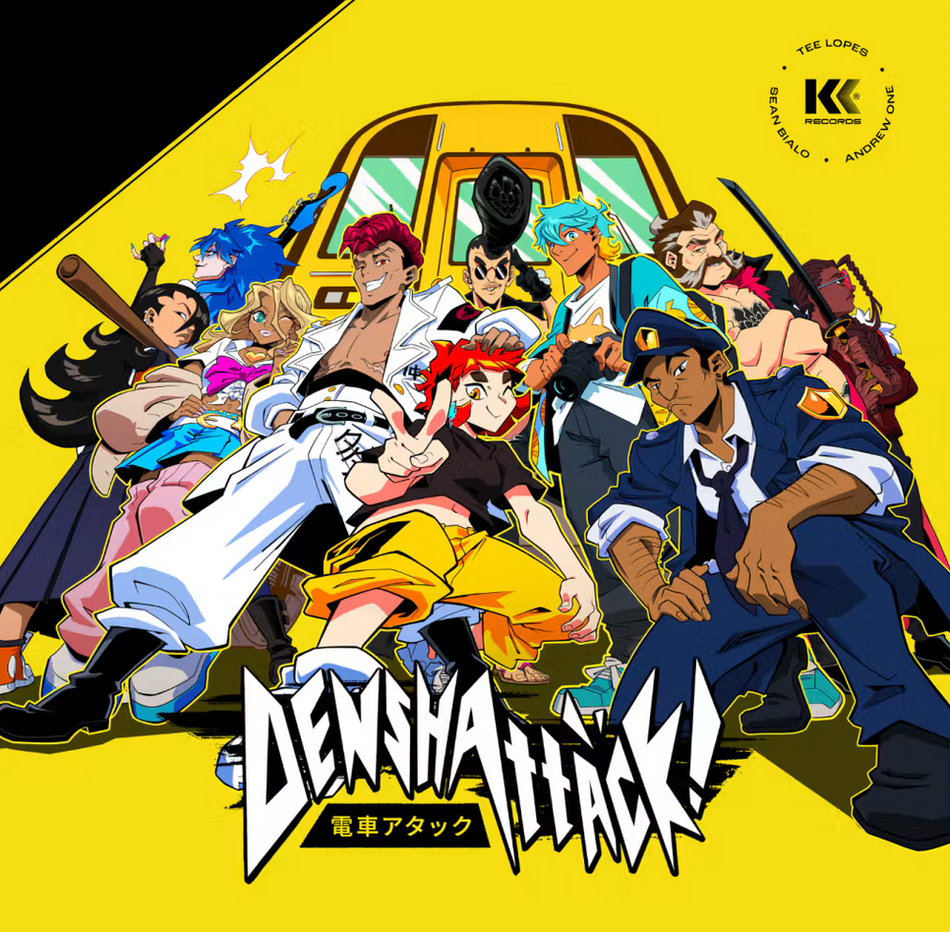 Denshattack vinyl front cover featuring a bold illustrative anime-like artstyle of 10 characters all posing in a group in front of a train car. The background is yellow and the Denshattack logo is bottom center.