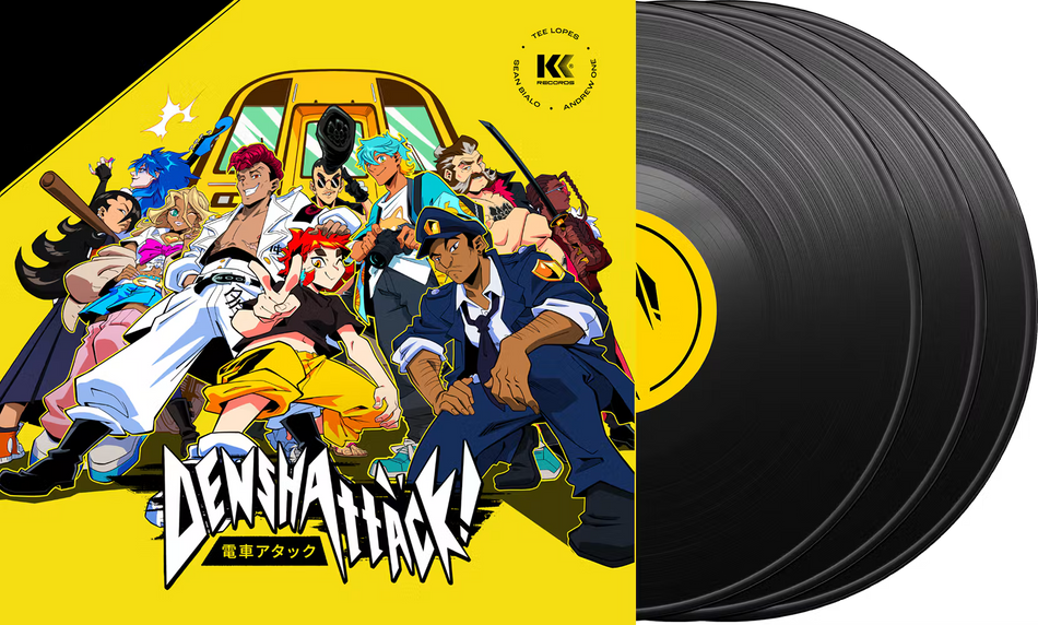 Denshattack vinyl front cover featuring a bold illustrative anime-like artstyle of 10 characters all posing in a group in front of a train car. The background is yellow and the Denshattack logo is bottom center. 3 black vinyl records are displayed coming out of the jacket.