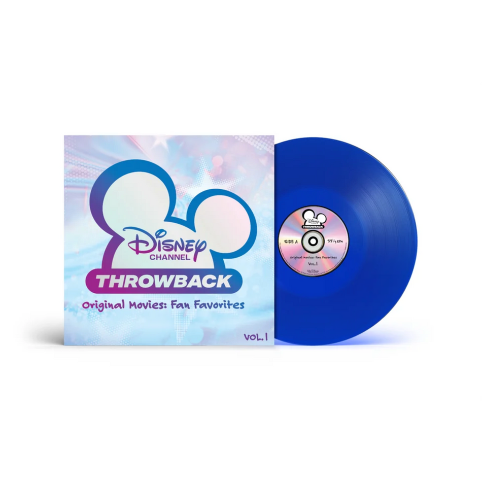 Disney Channel Throwback Original Movies: Fan Favorites, Vol. 1 vinyl record album with its illustrated sleeve cover, featuring a translucent blue record partially pulled from the sleeve on a white background.