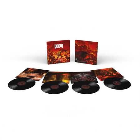 Doom Original Soundtrack 4LP Boxset - Black variant - Full spread showing the front and back of the box and the fronts of the 4 jackets with the black discs on top of them.