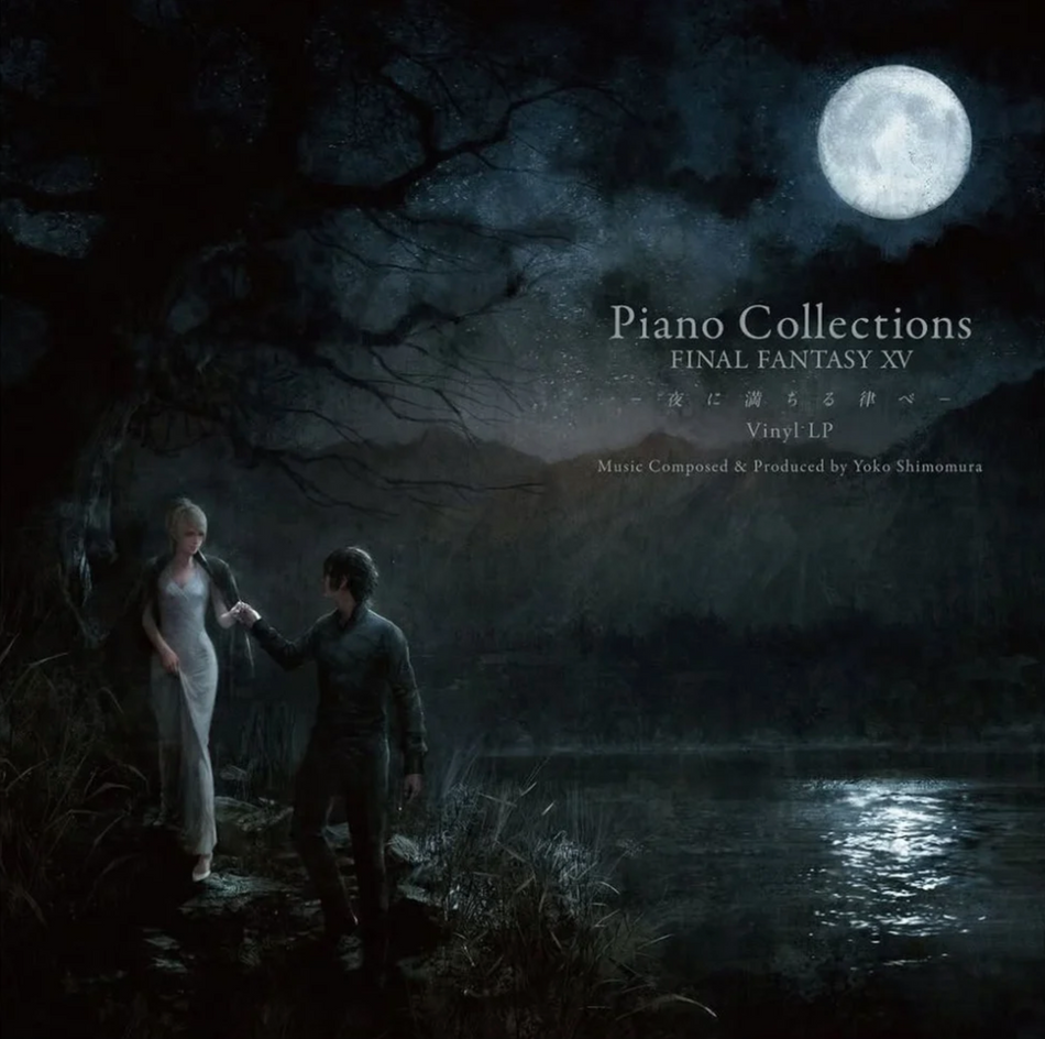 Album art for "Final Fantasy XV Vinyl Piano Collections LP" featuring a moonlit scene with two characters standing by a lake under a full moon.