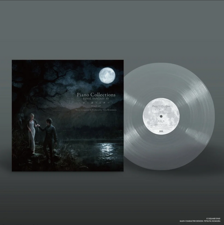 Front cover of the Final Fantasy XV Piano Collections vinyl featuring two characters by a lake lit by moonlight. The cover art is dark and soft with a painterly feel. The vinyl is clear with a moon as a center label.